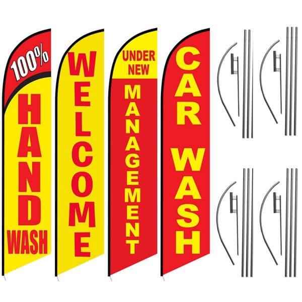 100 percent hand wash - welcome - under new management - car wash - Feather Flag Kits (4 Flags + 4 Pole Kits + 4 Ground