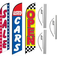 3 Pack Sale Used Cars Open Checkered Feather Flag Kits (3 Flags + 3 Pole Kits + 3 Ground Spikes)