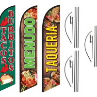 Tacos Menudo Taqueria 3pack Feather Flag Kits (3 Flags + 3 Pole Kits + 3 Ground Spikes)