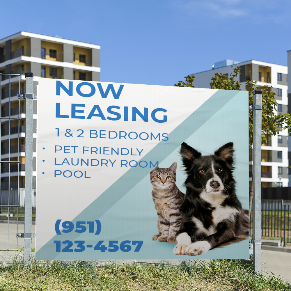 now leasing vinyl banner pet friendly